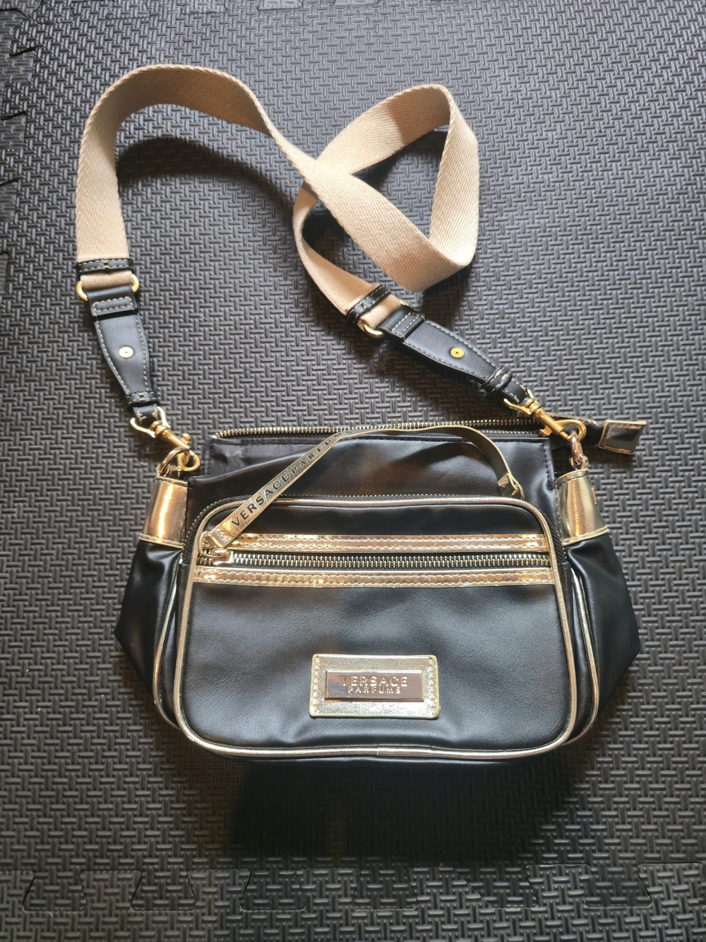 Versace Jeans Collection Black and Beige Crossbody Bag with Gold Accents